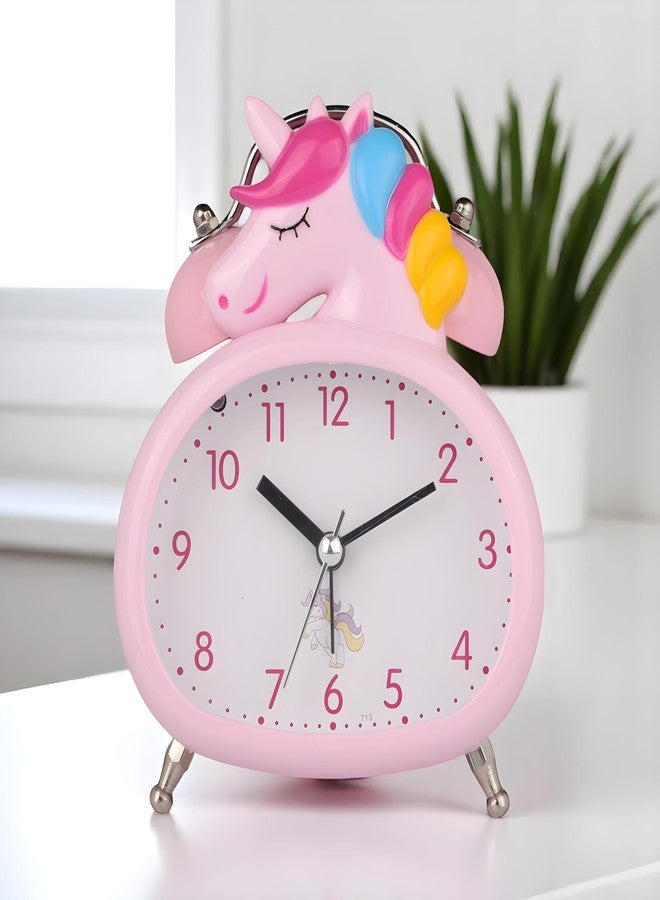 De'rons Twin Bell Analog Table Alarm Clock with Backlight for Heavy Sleepers Loud Alarm Clock for Students Funny Cute Cartoon Unicorn Shape Alarm Clock for Girls Kids Boys Bedroom 13.5 x 10 cm (Pink) - Image 1